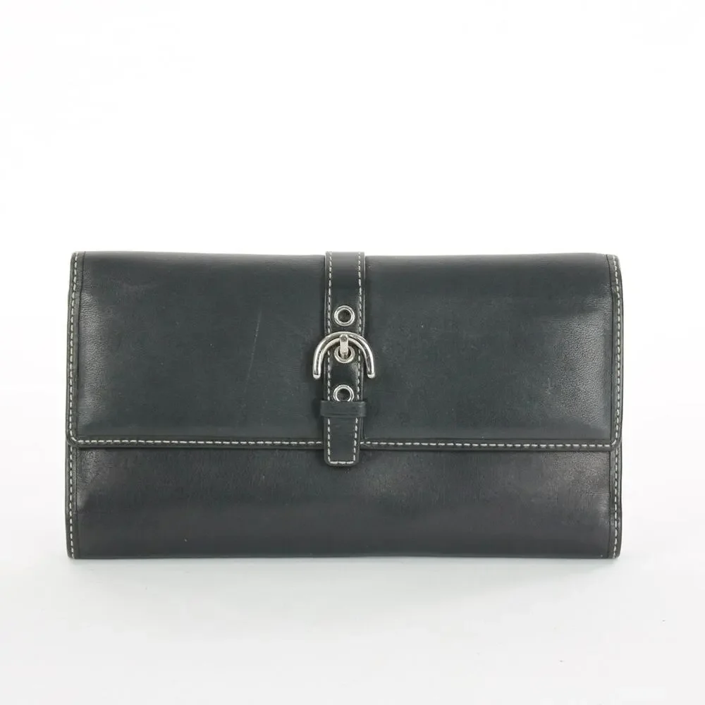 Coach Vintage Black Leather Silver Buckle Trifold Checkbook Wallet